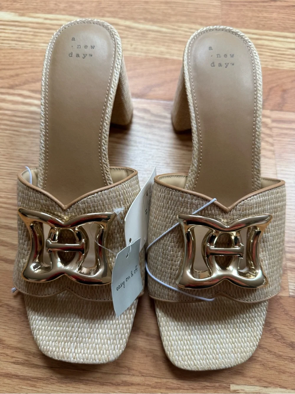NWT A New Day Tan Raffia Gold Buckle Block Heel Sandals Size 11